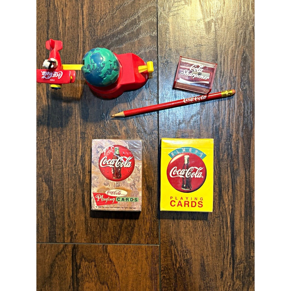 Vtg Coca-Cola 5pc Lot 1998 Playing Cards Pencil Sharpener Toy Collectibles